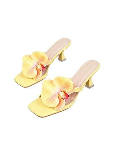 MakeMeChic Women's Open Toe Floral Kitten Heels Flower Summer Beach Sandals Tropical Flower Yellow 7