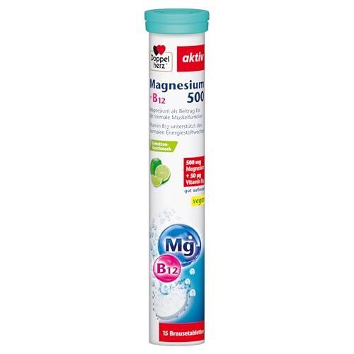 Doppelherz Magnesium 500 + B12 - mit Magnesium & Vitamin B12 zur Unterstützung der normalen Muskelfunktion - vegan - 15 Brausetabletten mit Limetten-Geschmack 1