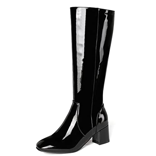 Elbslutt Women's Gogo Boots Knee High Patent Leather Chunky Heeled Mid Calf Boots Full Zipper 70s Disco Dance Shoes