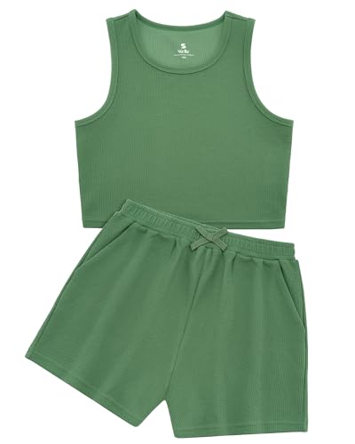 Image of Stelle Girls 2 Piece Outfits Tank Top and Shorts with Pockets 5-15 Years | Girls Ribbed Tops,Crop Tops,Scoop Neck,Sleeveless Tops,Elastic Waist Shorts,Bow Waist,Side Pockets