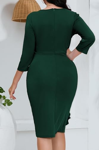 Image of Plus Size Dresses for Curvy Women 3 /4 Sleeve Bodycon Fit Ruffle Midi Pencil Dress