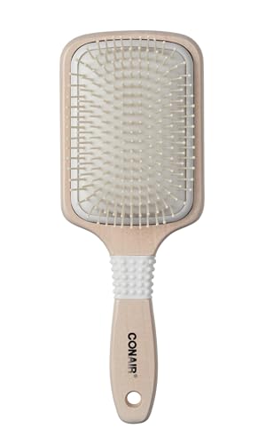 Conair Ceramic Wood Paddle Hair Brush with Nylon Bristles Cushion Design for All Hair Types Smooth & Shine Styling Off White