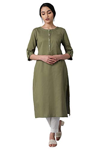 Image of W for Woman Cotton Yellow Solid Mandarin Collar Straight Kurta