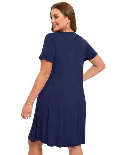 Image of ZENNILO Women's Plus Size Swing Dress with Pockets Casual Summer Dresses V Neck Short Sleeve T Shirt Dress for Women