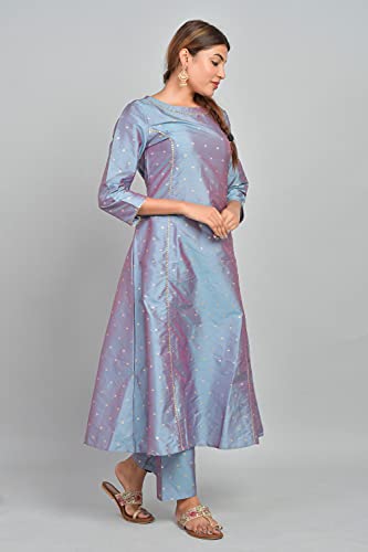 Image of Riara Art Silk Women Long Anarkali Kurti with Pant Polka Dot A-line Ladies Ethnic Wear Dress