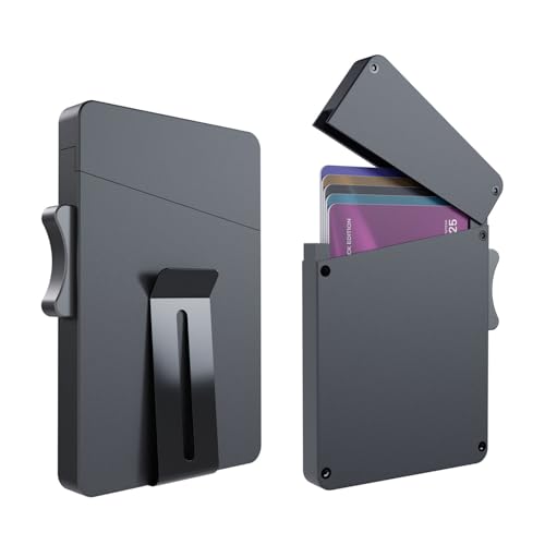 Slim RFID Blocking Wallet for Men - Aluminum Alloy Credit Card Holder with Pop-Up ID Window | Ultra Thin Minimalist Design Holds 5 Cards | Includes Money Clip | Black