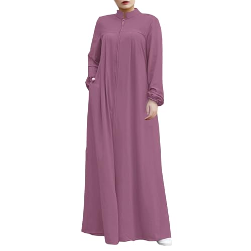 Image of Womens Abaya Muslim Long Sleeve Front Zipper Dress Prayer Islamic Clothes with Pockets