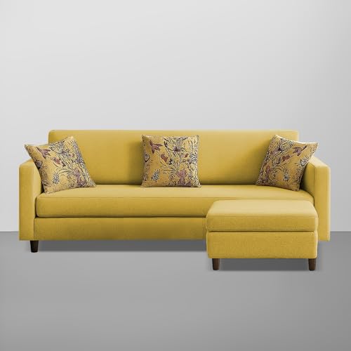 Image of Casaliving Premium Lifestyle Fabric 5 Seater L Shape Sofa Set 4 Seater Modern Sofa Set & Ottoman for Living Room (Yellow Color)