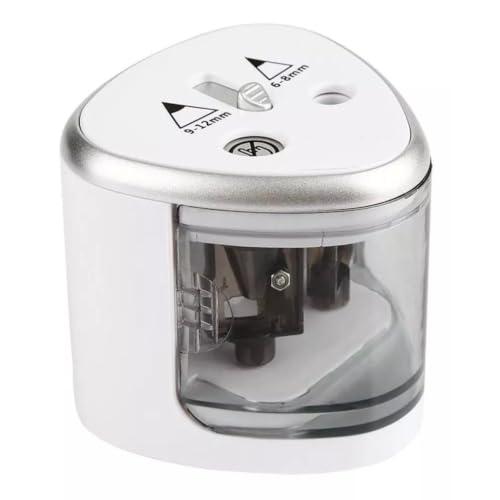 Apontador Elétrico Duplo Automático Portátil com Tampa Transparente para Lápis 6-12mm – Ideal para Escola, Escritório e Uso Profissional Á Pilha Branco Premium
