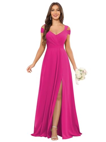 Image of petyoo Off Shoulder Chiffon Bridesmaid Dresses with Slit Long Formal Evening Dress