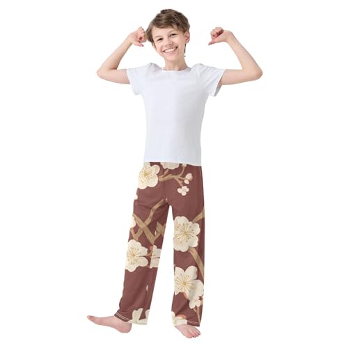 Winter Plum Floral Boys Long Pants Soft Trousers Elastic Waist Kids Lounge Bottoms with Pockets S-XL3