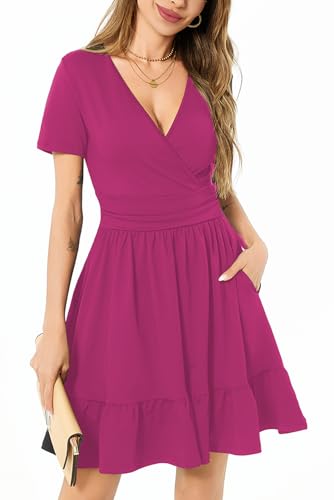 Image of Women's Fashion Summer Causal Short Sleeve Dress V Neck Beach Party Dresses with Pockets