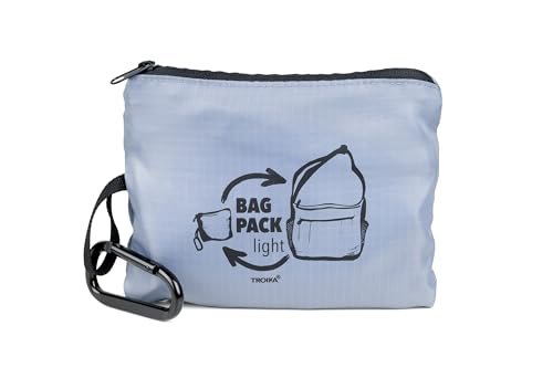 TROIKA Schultertasche faltbar (platzsparend im Innenfach verstaubar) mit Karabiner zur schnellen Befestigung – BAG PACK – großes Hauptfach, kleines Innenfach und Außenfach – Polyester – grau