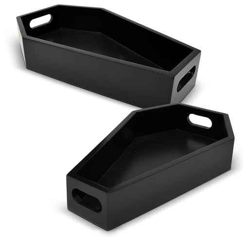 Bandeja de madera para ataúd de Halloween, color negro, juego de 2 tamaños con forma de ataúdes de madera, plato de postre de café, espeluznante, gótico, decoración de mesa para el hogar, dormitorio,