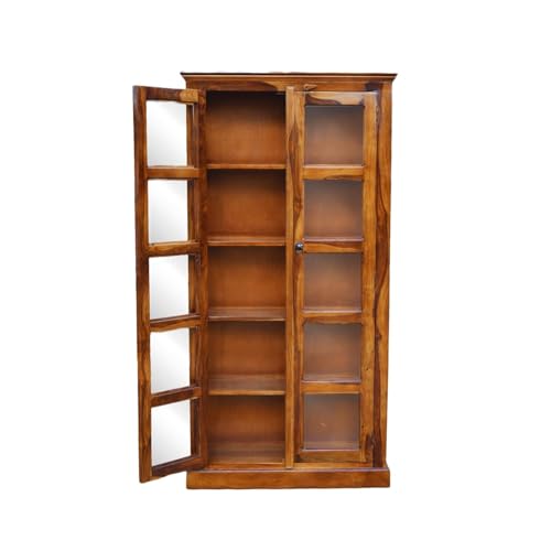 Image of Custom Decor Sheesham Wood Book Shelf with Glass Door | Wooden Bookcase and Crockery Cabinet for Home Library Kitchen | Walnut Finish