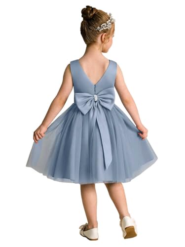 Sleeveless V-Neck Satin Flower Girl Dress V-Back Tulle Skirt Hem Junior Bridesmaid Dress Knee Length with Bows