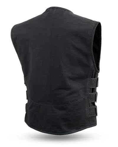 Image of First Mfg Co - Knox - Men's Motorcycle Biker Riding Black Canvas Vest - Extra Large - Adjustable Strap Conceal Carry Pockets