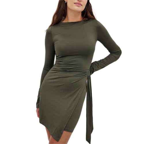 Hanaoops Women Long Sleeve Mini Dress Sexy Bodycon Dress Ruched Tie Waist Wrap Dresses Crew Neck Short Dress Party Going Out Clubbing Tight Dress