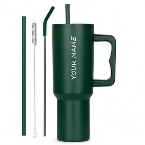 Image of Zephorus Personalized Stainless Steel Tumbler with Handle, 1200ml Capacity, Black Insulated Travel Mug with Straw, Custom Name Design (Dark Green Custom)