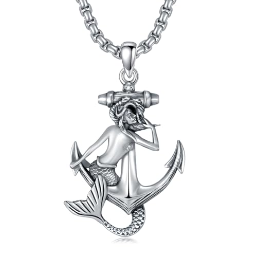 KoyeKei Mermaid Necklace Gifts for Women 925 Sterling Silver Anchor Mermaid Pendant Nautical Ocean Jewelry Beach Christmas Gift for Men