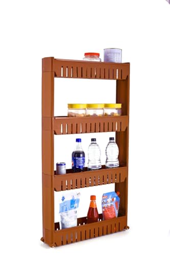 Image of JD FRESH 4-Tier Slim Rolling Storage Organizer Rack /Fridge Side Storage Rack /Plastic Trolley Storage Stand with Wheels /Floor Standing Cabinet for Bathroom and Kitchen Corner Area (Brown)