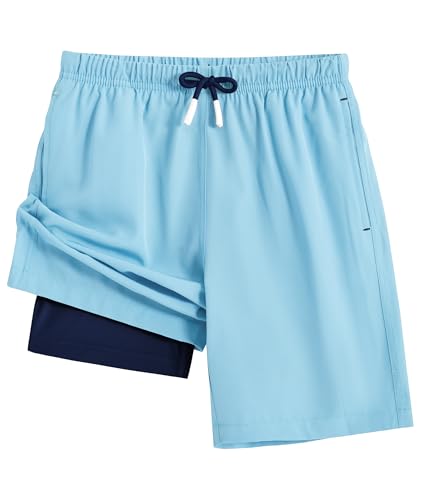 Zoofly Boys Swim Trunks with Liner Stretch Little Girls Beach Board Shorts Quick Dry Swimsuit 2 in 1 Kids Bathing Suit Light Blue Navy Blue 5-6Y