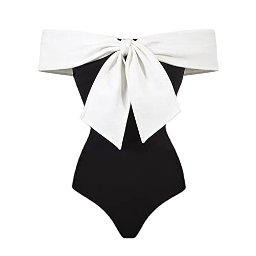 2pcs Women Bowknot Bandage Monokini Off Shoulder Swimwear Two Piece Tankini Set Split Cover Up Skirt Bathing Suit (Black, L)3