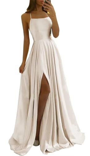Image of Tvuyet Satin Prom Dresses Long with Pockets Spaghetti Straps A Line Bridesmaid Dresses with Side Slit Ball Gown