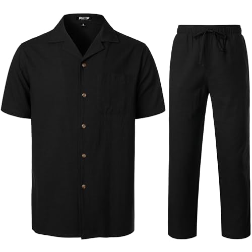 Image of JEMITOP Men's 2 Piece Outfits Summer Relaxed Fit Walking Suit Casual Cuban Guayabera Shirt and Pants Set Beach Vacation