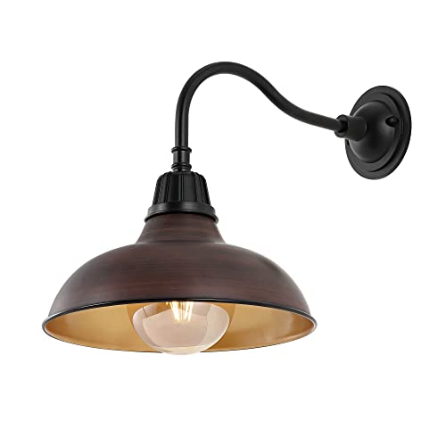 Image of JONATHAN Y 12.25 inch 1-Light Wood Finish /Copper Farmhouse Industrial Outdoor Sconce, LED Gooseneck Wall Light for Porch, Metal Bowl Shade, Dimmable Vintage Exterior Fixture, LED Bulb Included (JYL7613G)