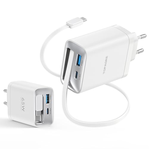 TOPADRE 65W USB C Ladegerät mit 85CM Einziehbares Ladekabel 3-Port Schnellladegerät USB C Netzteil PPS PD3.0 für MacBook Pro/Air für iPad Pro für iPhone 17/16/15/14 Pro Max Galaxy S25+/S24 Weiß