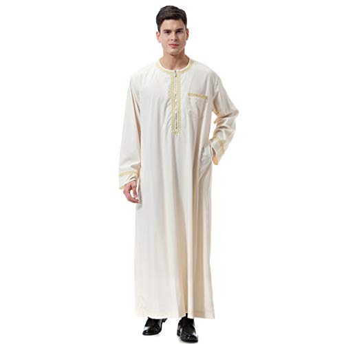 XINNI Men Arabic Long Sleeve Printing Thobe Crew Collar Kaftan Robe with Zipper2