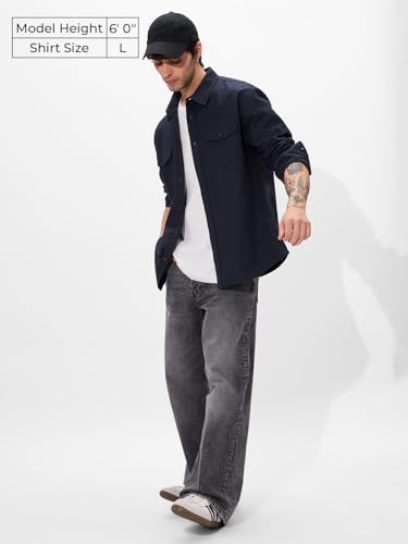 Image of The Souled Store Solids Off White Long Sleeve Collared Cotton Utility Shirts for Mens & Boys- Regular Fit with Classic Style