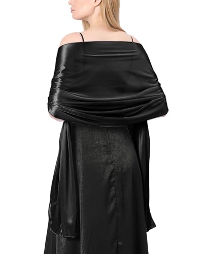 Atxnn Damen Schal Seide Satin Stola Elegante Halstuch für Abendkleid Hochzeit Braut Party Weicher Schultertuch Scarf für Sommer Frühling, SCHWARZ