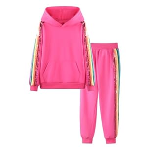 WELAKEN Girls 2 Piece Outfit Rainbow Sequin Striped Sweatshirt & Sweatpants Clothing Set