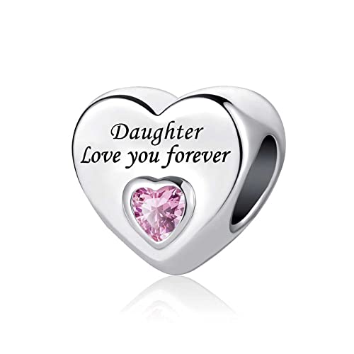 KunBead Jewelry Daughter I Love You Forever Heart Pink Birthstone Birthday Bead Charms fit Bracelets Gift for Women Girls