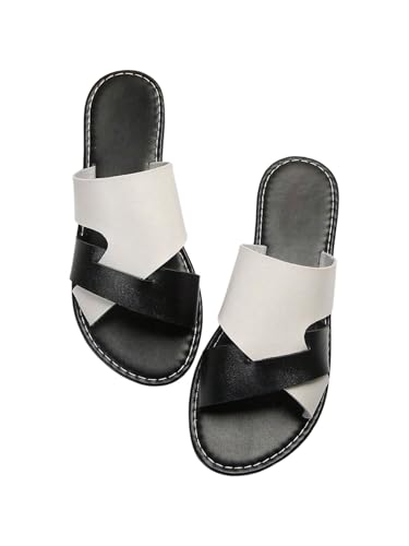 Image of Verdusa Women's Color Block Flat Leather Sandals Open Toe Vacation Slip on Slides