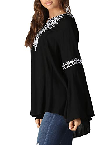 Angie Women's Embroidery Bell Sleeve Top, Black, Large #TOP2