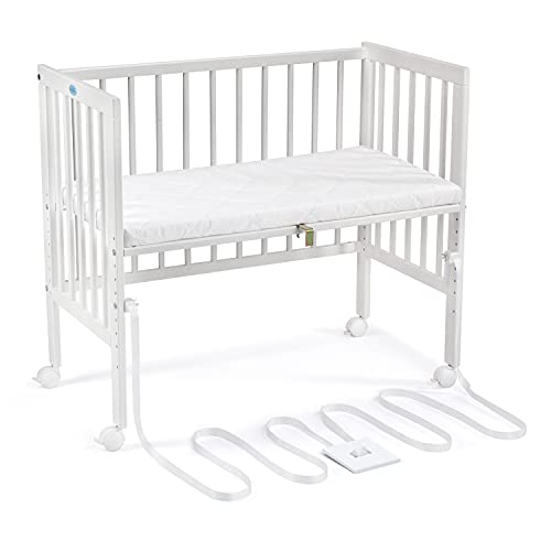 WALDIN cama supletoria abierta para bebé con colchón y cinturón de tensión, apta para camas con somier, madera natural o lacada en blanco, Color:lacado en blanco, Dimensión:Lacado blanco