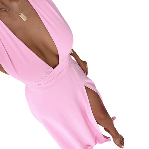 Image of ANKOMINA Women's Sexy V Neck Halter Backless Maxi Dress Ruched High Split Long Bodycon Dresses for Party Cocktail Evening