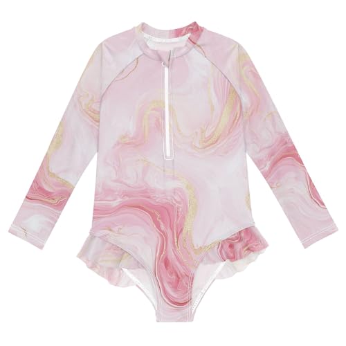 ALAZA Swimsuit for Girls Long Sleeve Rashguard Bathing Suit Soft Pink Marble Quick Dry 4T