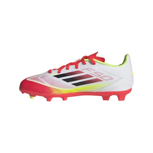 adidas Tênis de futebol unissex infantil F50 League Firm Multi Ground, Branco/preto/amarelo solar, 1
