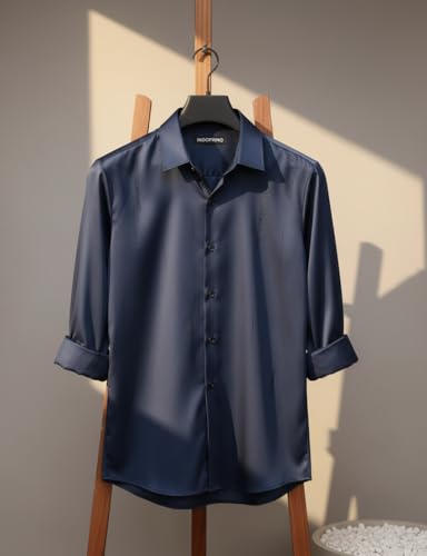 Image of IndoPrimo Men's Regular Fit Satin Designer Shirt with Stylish Vertical Line Sequence | Long Sleeve Formal & Casual Button Down Shirt for Casual and Party Look