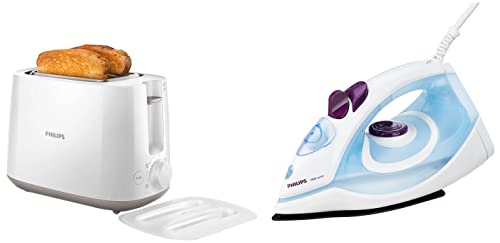 Image of PHILIPS GC1905 1440-Watt Steam Iron with Spray (Blue) & Daily Collection HD2582 /00 830-Watt 2-Slice Pop-up Toaster (White) Combo, 1400 watts, Aluminium