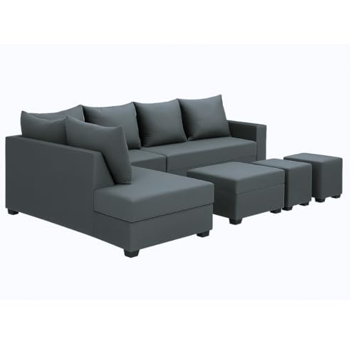 Image of FURNY Gloria 8 Seater Fabric LHS L Shape Sofa Set with 1 Centre Table & 2 Puffy (Dark Grey) Premium Velvet Finish | Durable Comfort | Ideal for Living Room