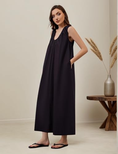 Image of OLAPTA Women Summer Sleeveless Maxi Dress Scoop Neck Ruched Loose Fit Casual Elegant Solid Vacation Long Dress with Pockets