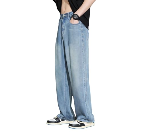 Men Summer Cozy Soft Fabric Jeans Elastic Waist Denim Trousers Loose Straight Pants Retro Blue XL