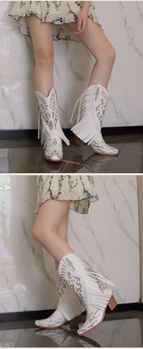 Geerta Fringe Cowboy Boots for Women Mid Calf Western Boots Embroidery Cowgirl Pull-On Pointy Toe & Wide - Plus Size Retro Comfortable Walking Standing All Day Trending Fashion Lightweight Running4