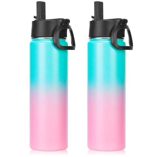 Neihepal 22oz Double Wall Insulation Water Bottle(Green Pink,2 Set)