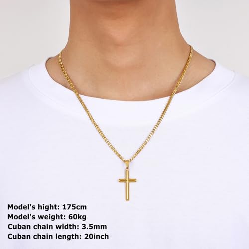 Image of Fiusem Silver Tone /Black /14K Gold Plated Cross Necklace for Men, Beveled Edge Pandent Mens Necklace, 3.5MM Stainless Steel Cuban Chain, 16-24 Inches Jewelry Gifts
